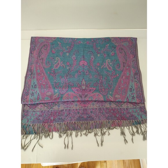 Silk-kashmer By STS Reversible Shawl Wrap Scarf Fringe Purple Blue - Picture 3 of 4